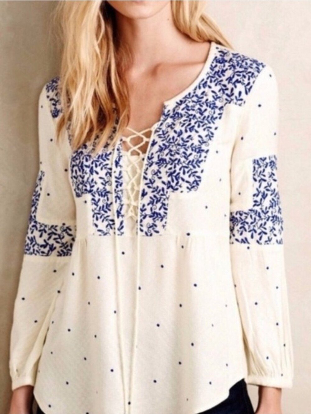 Boho Cream Tunic with Blue Embroidered Yoke
